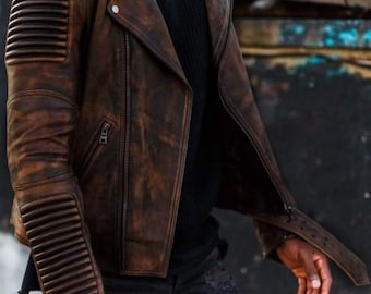 Moto Rider Retro Biker Leather Jacket Handmade Distressed Brown Genuine Cowhide Leather Streetwear Motorcycle Pining Style Jacket