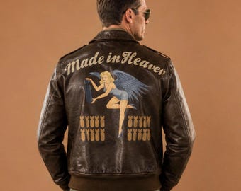 1940s Men's Brown Sheepskin Leather Flight Jacket, Vintage Aviator Bomber Jacket with Digital Artwork Print, Genuine Leather Outerwear