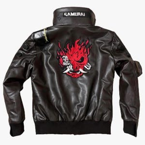 Cyberpunk Gaming Bomber Jacket Men’s Handmade Embroidery Patch, Print Faux & Real Cowhide Leather Halloween Costume Streetwear Comic Jacket