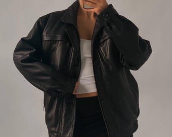 90年代風ヴィンテージブラックレザージャケット メンズ オーバーサイズ