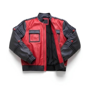 Chaqueta de disfraz de Regreso al Futuro para Halloween, color rojo con piel sintética y piel de oveja gris, estilo bomber, para cosplay, hecha a mano, estilo cómic de celebridades, para hombre.