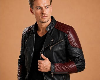 Cafe Racer Black Real Sheepskin Leather Biker Jacket, Handmade Black & Burgundy Quilted Leather Jacket, Asymmetrical Zip Men Moto Rider Coat