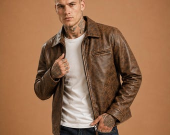 Vintage Brown Real Cowhide Leather Jacket for Men Handmade Distressed Cafe Racer Motorcycle Jacket, Classic Zip Up Biker Coat Gift for Him