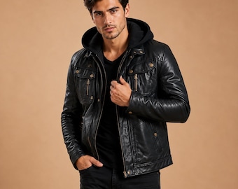 Cafe Racer Black Real Sheepskin Leather Jacket Men’s, Detachable Wool Hood Motorcycle Jacket, Handmade Style Leather Moto Biker Street Coat