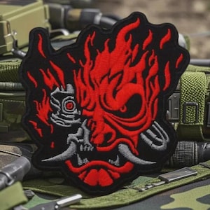 2pc Punk Style Red Devil Tactical Patch with Flames & Horns Design Handmade Embroidery Patch, For Halloween Costume Streetwear and Jacket