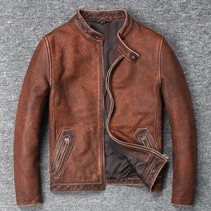 Side Picker Biker Cafe Racer Leather Jacket Handmade Distressed Brown Genuine Cowhide Leather Streetwear Motorcycle Coat Men’s