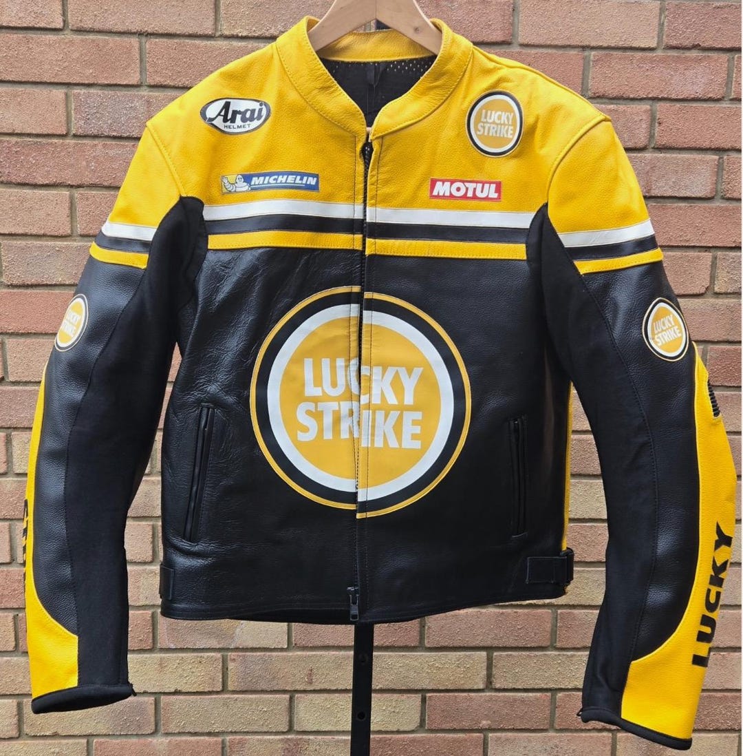 Logo Racing Strike The Racing Strike Yellow With Black Biker Jacket Handmade Cut ...
