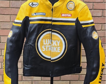The Racing Strike Yellow with Black Biker Jacket Handmade Cut & Embroidery Patch Real Cowhide Leather Mens Streetwear Rider Motorcycle Coat