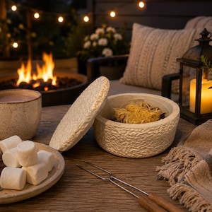 May include: A cozy outdoor scene with a lit fire pit, a mug of hot chocolate, and a plate of marshmallows, graham crackers, and chocolate. A textured stone bowl with kindling sits open, next to a lantern and a blanket. String lights are in the background.