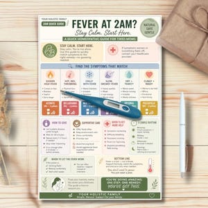May include: A guide titled "Fever at 2 AM? Stay Calm. Start Here." with a thermometer, pen, and gift box on a wooden surface. The guide provides homeopathic advice for tired moms, with sections on symptoms and care.
