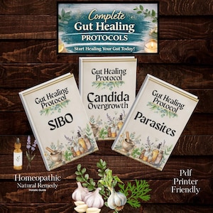Puede incluir: Imagen de tres libros titulados "Gut Healing Protocol" con los temas SIBO, Candida Overgrowth y Parasites. La imagen también incluye una pancarta que dice "Complete Gut Healing Protocols" y el texto "Start Healing Your Gut Today!" junto con ilustraciones de hierbas y ajo.