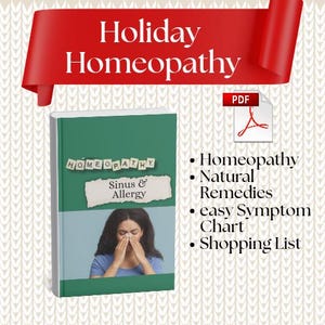 Puede incluir: Un libro titulado "Homeopatía: Sinus & Alergia" con una mujer tocándose la nariz. La portada es verde y azul con la palabra "Homeopatía" en la parte superior. Una pancarta roja dice "Homeopatía navideña". Un icono PDF está en la esquina superior derecha.
