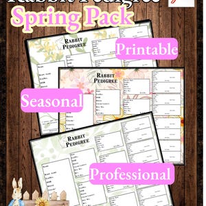 May include: A digital download featuring a "Rabbit Pedigree Spring Pack" with printable forms. The image includes three different designs labeled "Printable", "Seasonal", and "Professional", with a bunny illustration and a PDF icon.