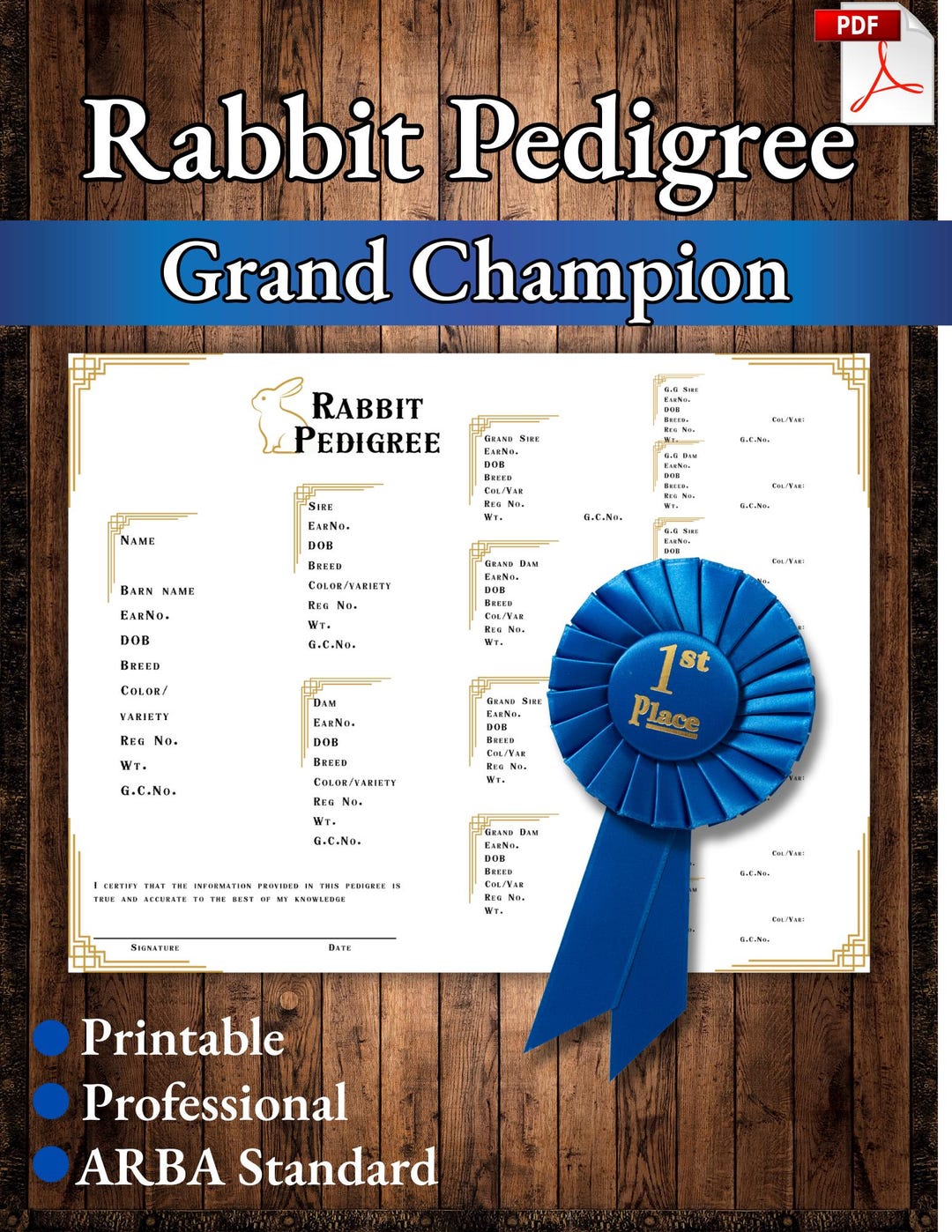 Rabbit Grand Champion Pedigree Printable | Editable PDF | Simple ...