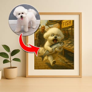 Personalized Funny Fish Market Scene Art | Custom Hilarious Pet Portrait Print | Dog Cartoon Portrait | Wall Art for Cat Lovers | Digital