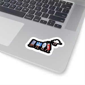 Peut inclure: Un autocollant blanc représentant un dessin animé d'un fichier informatique, d'une disquette, d'un CD et d'une clé USB avec des jambes, marchant ensemble. Un nuage avec des jambes est également inclus. L'autocollant est placé sur un ordinateur portable.