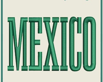 May include: A digital embroidery design file featuring the word MEXICO in a bold, green, sans-serif font. The text is centered on a light beige background. Above the text is the logo PMK Digitizing and the text Hat Embroidery Design.