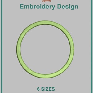 May include: A digital embroidery design featuring a lime green circle. The text reads Pmk Digitizing, Embroidery Design, 6 SIZES, and the file formats PES, DST, JEF, HUS, EXP, VP3, VIP and XXX. The design is set against a light gray background.
