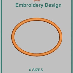 Puede incluir: Un diseño de bordado ovalado de color naranja centrado sobre un fondo gris. El texto en la parte superior dice PMK Digitizing Embroidery Design. El texto en la parte inferior dice 6 SIZES y enumera los formatos PES, DST, JEF, HUS, EXP, VP3, VIP y XXX.