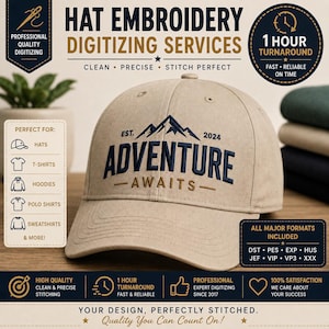 Può includere: Un cappellino da baseball beige con ricamo blu scuro che recita ADVENTURE AWAITS, sormontato da un grafico di montagna e dal testo EST. 2024. L'immagine include testo che pubblicizza servizi di digitalizzazione ricami per cappelli in 1 ora.