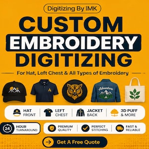 May include: A yellow promotional graphic for custom embroidery digitizing services by IMK. It displays a black baseball cap, a navy polo shirt, a circular owl patch, a denim jacket, and a white tote bag, each featuring embroidered designs.