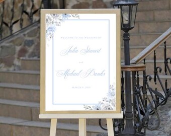 Plantilla de letrero de bienvenida para boda en azul polvoriento / Letrero floral editable / Decoración de boda con flores azules / Descarga digital imprimible