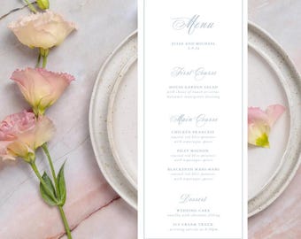 Elegant Wedding Menu Template | Blue & White Printable Menu | Classy Reception Dinner Card | Editable Digital Download