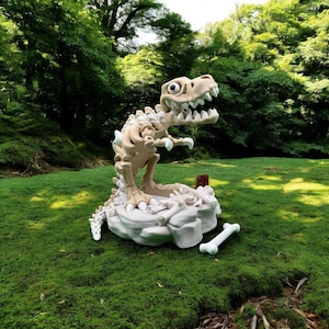 Könnte beinhalten: Eine beige Dinosaurier-Skelett-Skulptur mit weit geöffnetem Maul und scharfen Zähnen. Der Dinosaurier steht auf einem weißen Sockel, neben dem ein Knochen liegt. Die Skulptur steht auf einem Bett aus grünem Moos.