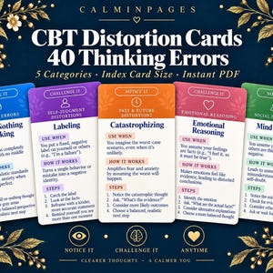 Cognitieve vervormingen CGT Flashkaarten Afdrukbare pdf-therapiewerkbladen Negatieve denkpatronen