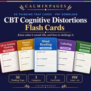 Tarjetas didácticas imprimibles en PDF sobre distorsiones cognitivas en TCC (Terapia Cognitivo-Conductual) y hojas de trabajo para la terapia de patrones de pensamiento negativos.