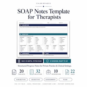 May include: A SOAP Notes Template for Therapists by Calminpages featuring sections for Subjective, Objective, Assessment, and Plan. The document includes a mental status exam with checkboxes for appearance, behavior, speech, mood, affect, and thought process.