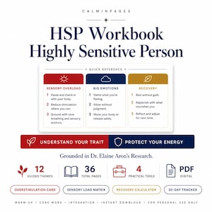 May include: A digital workbook titled HSP Workbook Highly Sensitive Person, featuring a quick reference chart with sections for sensory overload, big emotions, and recovery. It includes 12 guided themes, 36 pages, 4 practical tools, and a PDF format.