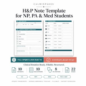 Plantilla de nota de historial clínico y examen físico en PDF para enfermeras practicantes y asistentes médicos en rotación clínica de estudiantes de medicina.