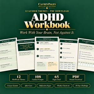 Cuaderno de ejercicios para TDAH en formato PDF imprimible, 12 temas: concentración, dificultad para percibir el tiempo y emociones (descarga digital).