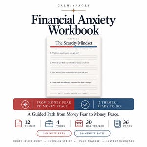 Könnte beinhalten: Ein Financial Anxiety Workbook von Calminpages mit einer Seite namens Chapter 1 The Scarcity Mindset und vier nummerierten Fragen. Das Design enthält rote und blaue Akzente, Symbole für 12 Themen, 4 Werkzeuge, einen 30-Tage-Tracker und 36 Seiten.