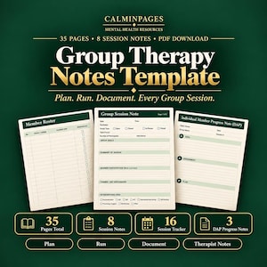 Puede incluir: Una plantilla digital de notas de terapia grupal con 35 páginas, 8 notas de sesión y 3 notas de progreso DAP. El documento incluye una lista de miembros, una nota de sesión grupal y una nota de progreso individual en papel color crema.