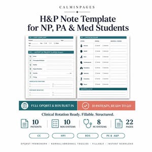 May include: A medical H&P note template for NP, PA, and medical students featuring two white pages with teal headers. The document includes sections for CC, HPI with OPQRST, and a physical exam checklist. Text includes 10 patients, 10 ROS systems, 8 PE systems, and 22 pages.
