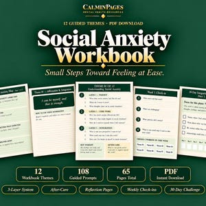 Può includere: Un quaderno di esercizi digitale sull'ansia sociale di CalminPages con 12 temi guidati, 108 spunti e 65 pagine totali. Il download in PDF include un sistema a 3 livelli, pagine di riflessione, check-in settimanali e una sfida di 30 giorni.