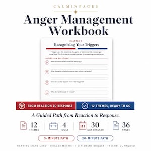 Könnte beinhalten: Ein Wutbewältigungs-Arbeitsbuch von Calminpages mit einer Seite zum Kapitel 2 Auslöser erkennen und Reflexionsfragen. Das Layout enthält Abschnitte für 12 Themen, 4 Werkzeuge, einen 30-Tage-Tracker, 36 Seiten sowie 5-Minuten- oder 20-Minuten-Pfade.