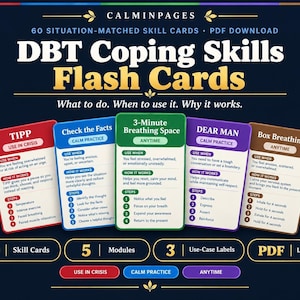 DBT-hanteringsfärdigheter Flashkort Utskrivbara PDF-terapiarbetsblad Emotionell reglering Stress Tolerans Mindfulness
