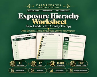May include: A digital Exposure Hierarchy Worksheet set for anxiety therapy, featuring three printable pages: an Exposure Hierarchy Worksheet, a My Fear Ladder, and a SUDS Scale. The text includes 'CALMINPAGES CLINICAL TEMPLATES' and 'Exposure Hierarchy Worksheet'.