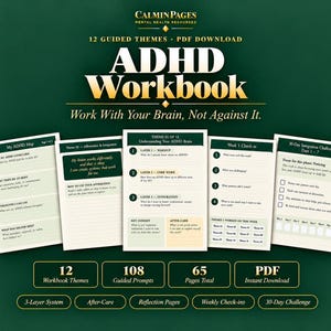 Cuaderno de ejercicios para TDAH en formato PDF imprimible, 12 temas: concentración, dificultad para percibir el tiempo y emociones (descarga digital).