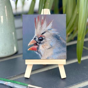 Original 3x3 Female Cardinal Portrait | Mini Acrylic Bird Art on Canvas | Small Songbird Decor | Nature Lover Gift | Handmade