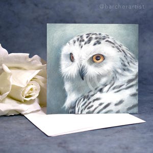 Lot de 5 cartes de voeux Harfang des neiges | Cartes vierges 5 x 5 avec enveloppes | Art d'oiseau d'hiver | Ensemble de papeterie de la faune | Portrait original de chouette
