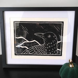 Crow linocut print