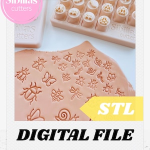 May include: A set of beige plastic insect-themed cookie cutters with a matching storage tray, featuring various bug shapes including butterflies, bees, and snails, with the text Sibillas cutters, STL, and DIGITAL FILE visible on the image.