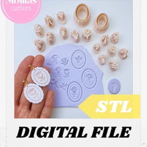 Puede incluir: Un conjunto de cortadores de arcilla polimérica beige y componentes de pendientes con motivos florales. La imagen incluye una esterilla morada con diseños florales en relieve y el texto "STL DIGITAL FILE". Los pendientes presentan un diseño de rosa.