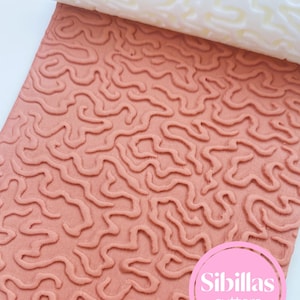 May include: A rectangular terracotta-colored textured mat featuring a raised, continuous, winding maze-like pattern. A white cylindrical roller with a matching embossed pattern rests at the top. A pink circular logo reads Sibillas cutters.
