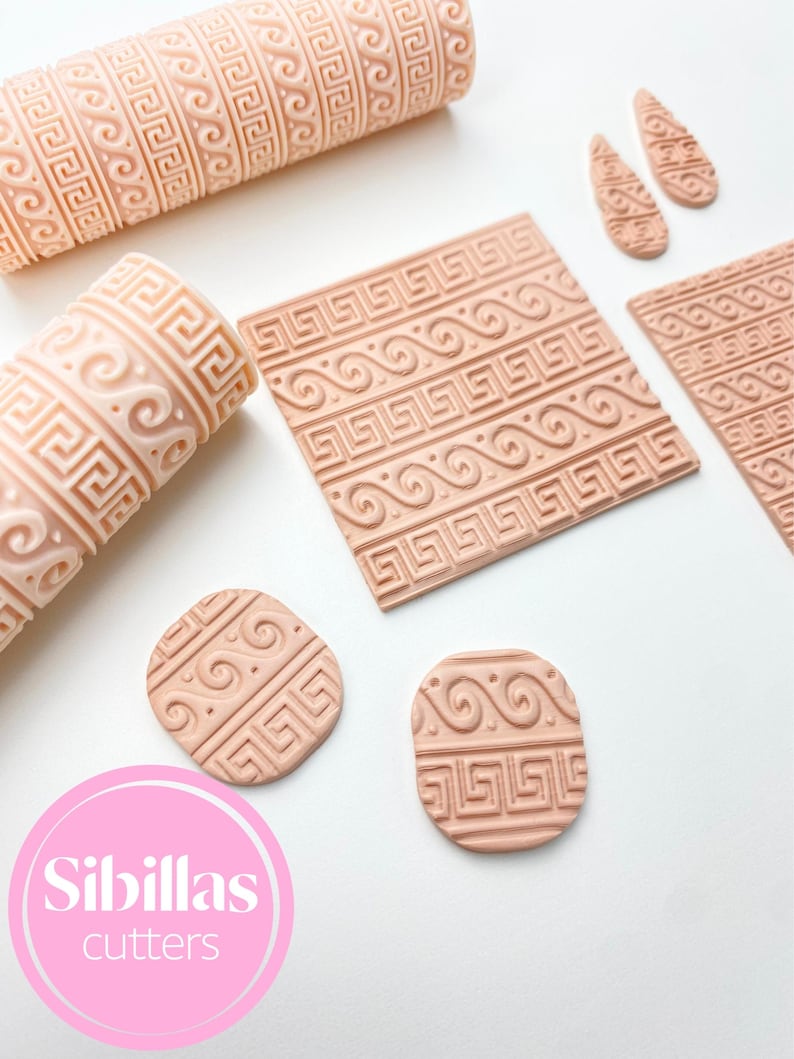 Ancient Greek texture roller for polymer clay, pottery, and ceramics. This embossing tool features an intricate classical pattern inspired by traditional Greek motifs, perfect for adding elegant, ornamental detail to clay projects. Ideal for creating earrings, pendants, trays, pottery decorations, and other handcrafted pieces. Made from durable, reusable material, this roller gives artists a clean and consistent impression, allowing them to bring timeless, historic beauty into their handmade