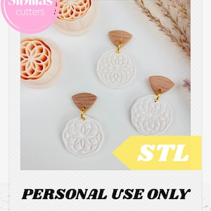 May include: White and wood-toned earrings with a floral design, hanging from gold-colored hooks. The image also shows matching cutters with a similar floral pattern. The text "STL" and "PERSONAL USE ONLY" are visible.